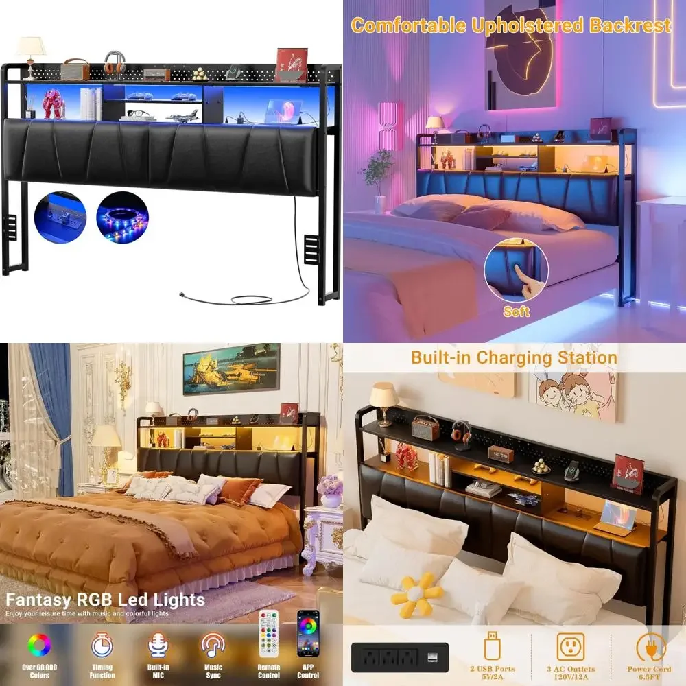 King Size Upholstered Headboard with Built-in Outlets, USB Ports, and LED Lighting