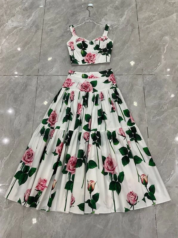 

Модный белый хлопковый боди с принтом роз, облегающий, с большой юбкой, комплект из двух предметов, с V-образным вырезом и застежкой-молнией
