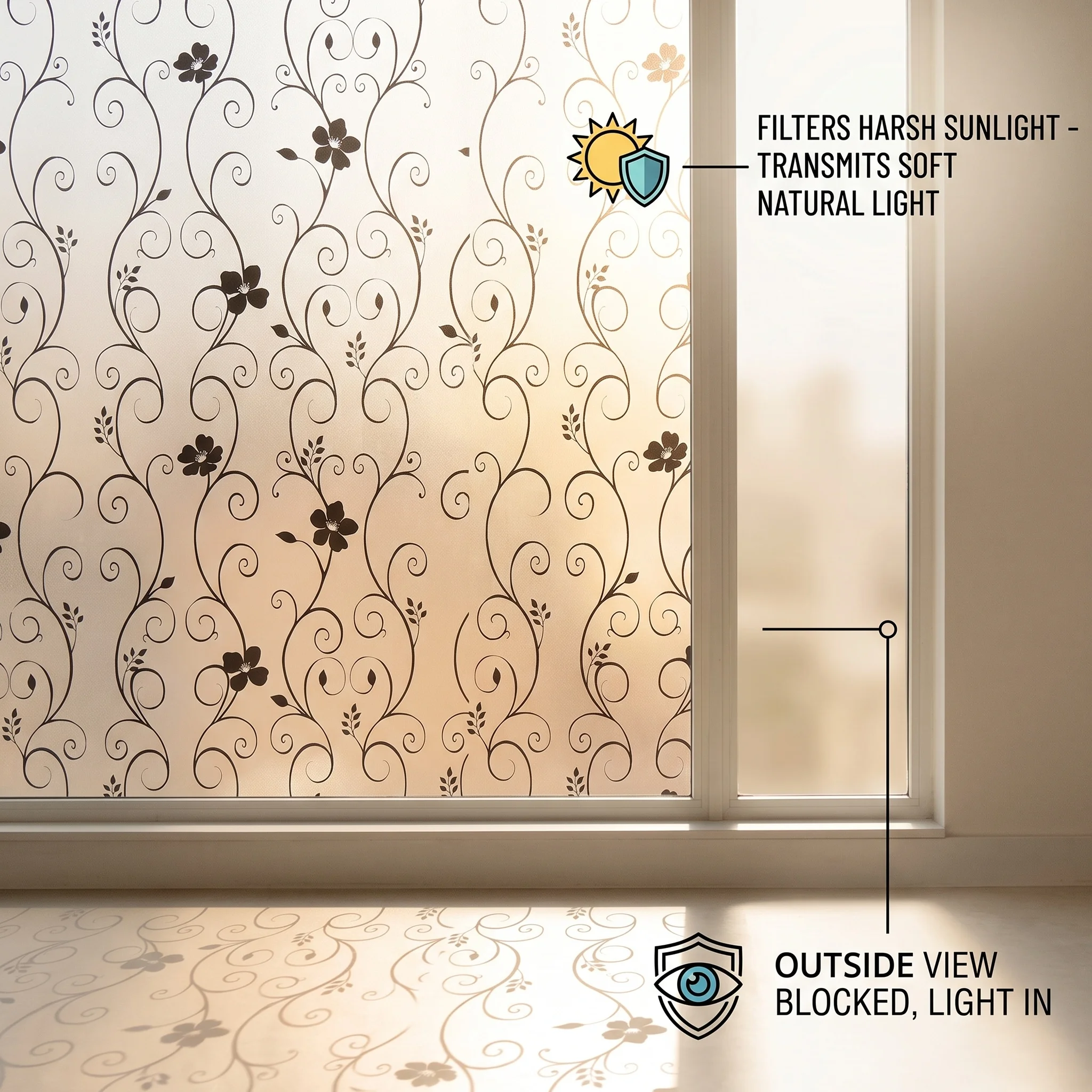 Black Floral Vine Self-Adhesive Window Film Frosted Privacy Glass Sticker Anti-Peeping Soft Light Transmission Scratch-Resistant