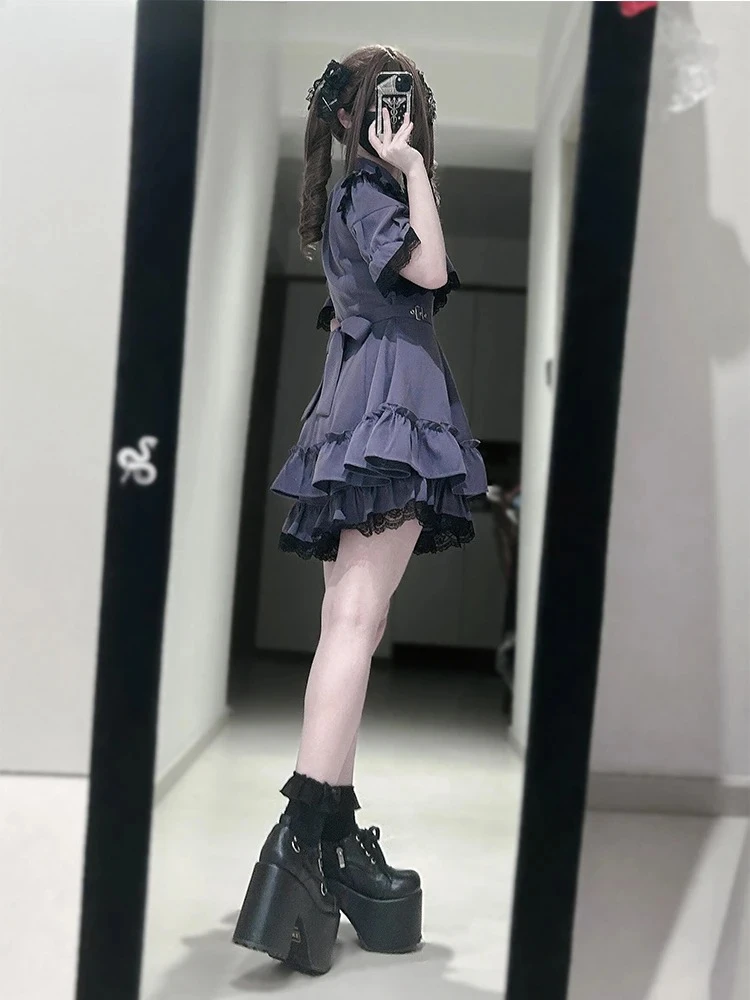 Abiti estivi dimagranti a vita alta Bordo in pizzo Abito a maniche corte e pantaloncini Set da due pezzi Sottocultura Y2k Maia prodotta in massa 2025