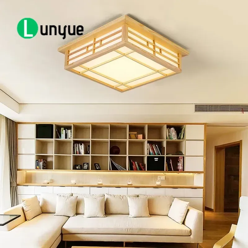 Japanese Style Solid Wood LED Ceiling Light with Remote Control Modern Minimalist Fixture for Bedroom Living Room Home Decor