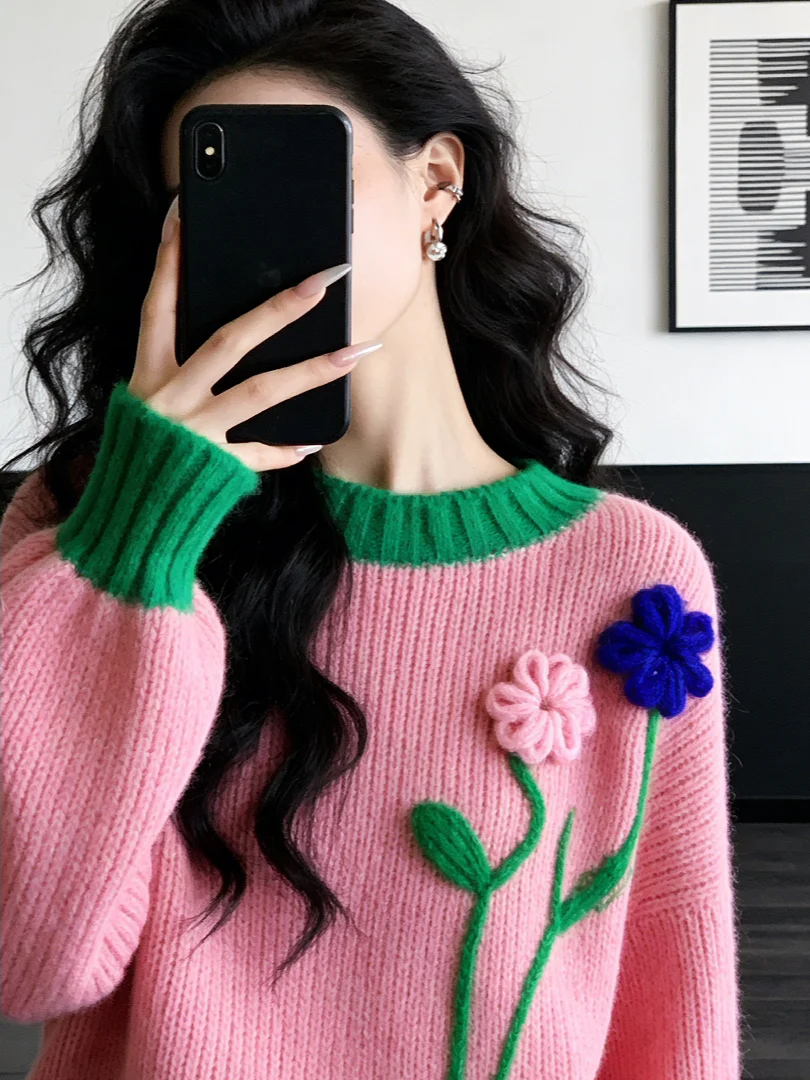 

Ранняя осень 2025: Модный корейский свитер с высоким воротником и длинными рукавами, свободный крой, уникальный дизайн, маленький размер, женская вязаная кофта в стиле Lazy Sle