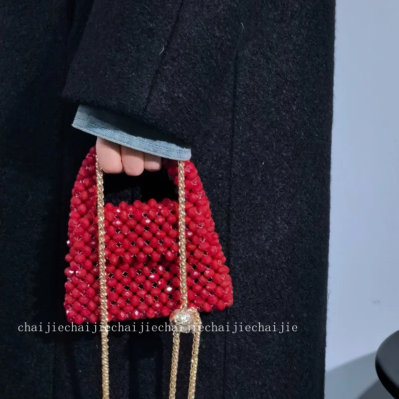 

Handmade Crystal Mini Beaded Crossbody Bag Beaded Chain Single Shoulder Bags Holiday Chic Compact Wallet Wrist Bag