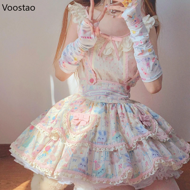 Sweet Lolita Princess Dress Set Women Kawaii Cartoon Print Bow Tea Party Dresses Japanese Girls Cute Blouse Skirt 2 Piece Sets