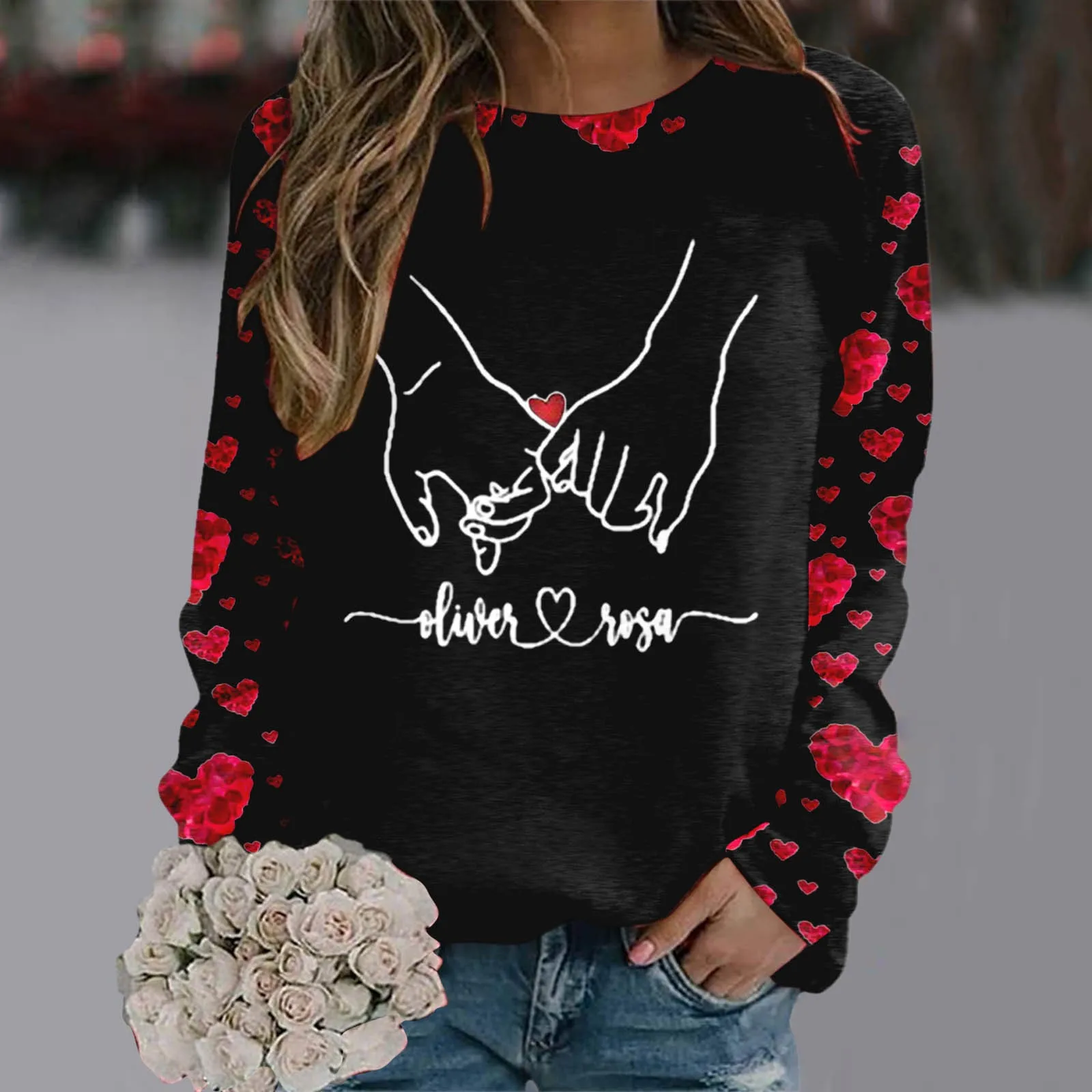 

Zip Hoodie Workout Women Womens Valentine Day Print O Neck Sweatshirt Round Neck Fit Pullover Tops Suitable Winged Sweater Women