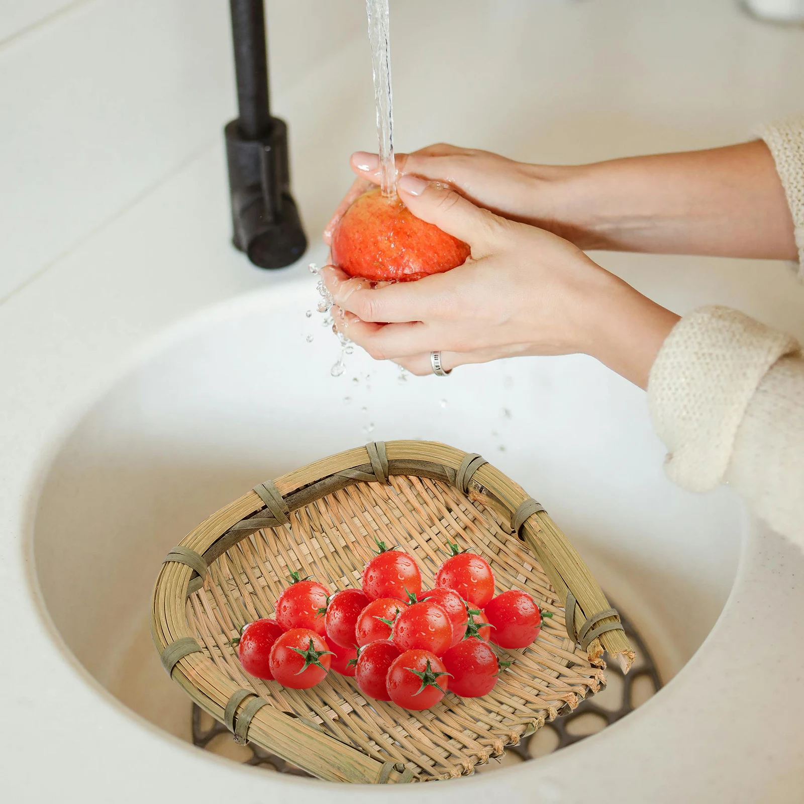 

2Pcs Bamboo Woven Basket Plastic Multipurpose Food Storage Drainage Tray for Fruits Vegetables Rice Washing Home Kitchen