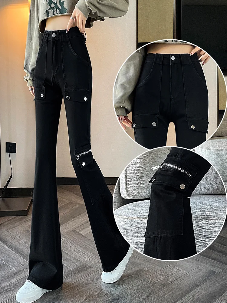 

Pants for Woman with Pockets Black High Waist Shot Cargo Women's Jeans Slim Fit Trousers Skinny Wide Leg Cowboy