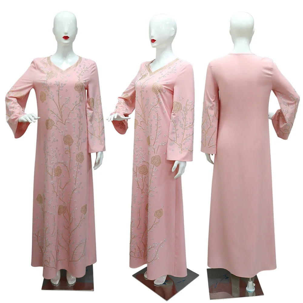 Fashion Eid Muslim Dresses for Woman 2025 New Diamond V Neck Straight Jalabiya Kaftan Islam Vestidos Arab Robe Ramadan Morocco