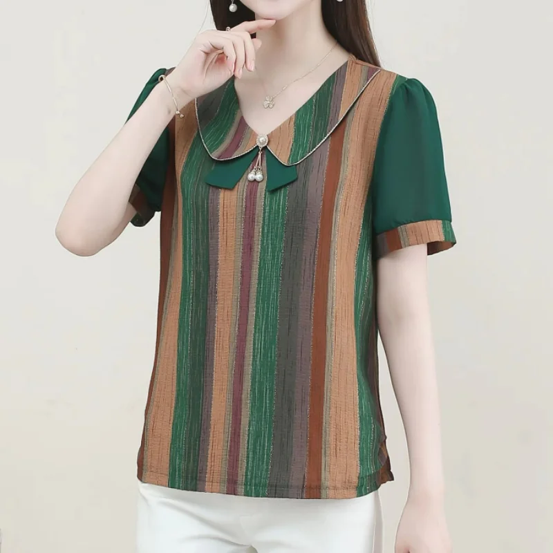 Doll Neck New Middle-aged Women Summer Short Sleeve T-shirt Embroiled Striped Fashion Vintage Casual Temperament Thin Tops 5XL