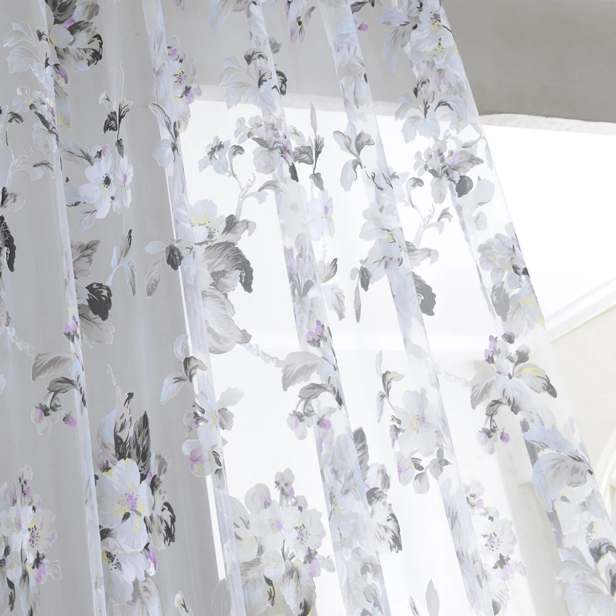 

Premium Polyester Sheer Curtains Gauze Decorative Drapes Valance For Home Living Room Bedroom Flower Print Light Filtering Black