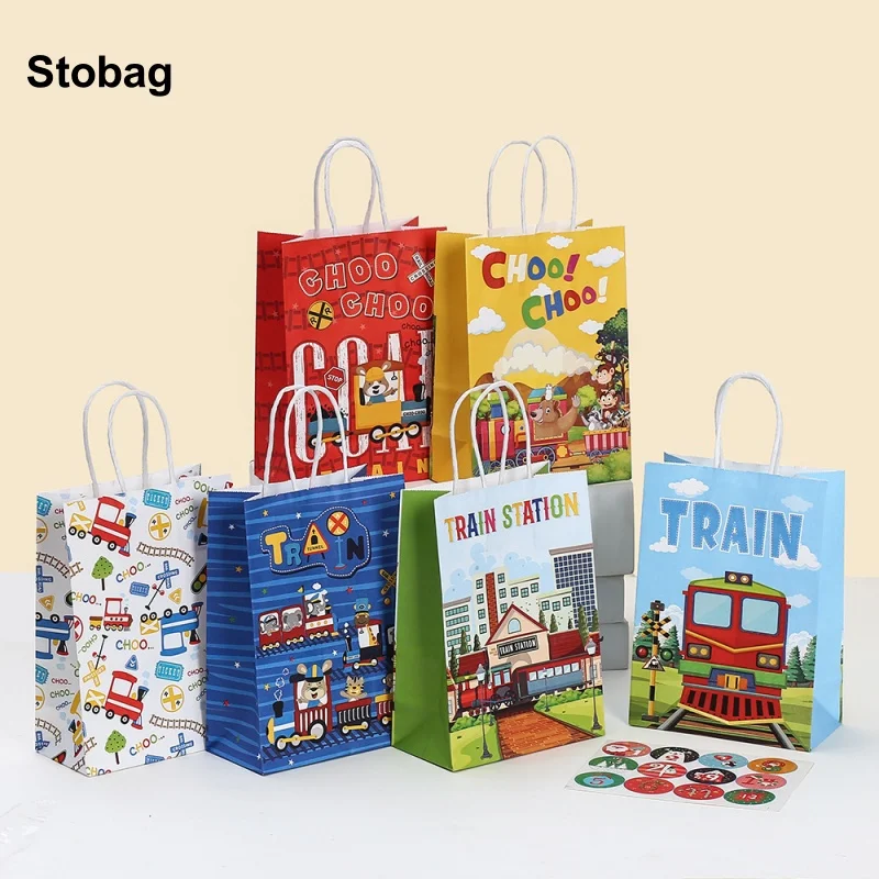 

StoBag 24pcs Cartoon Train Kraft paper Gift Tote Packaging Bags Children for Candy Storage Baking Pouch Birthday Party Favors