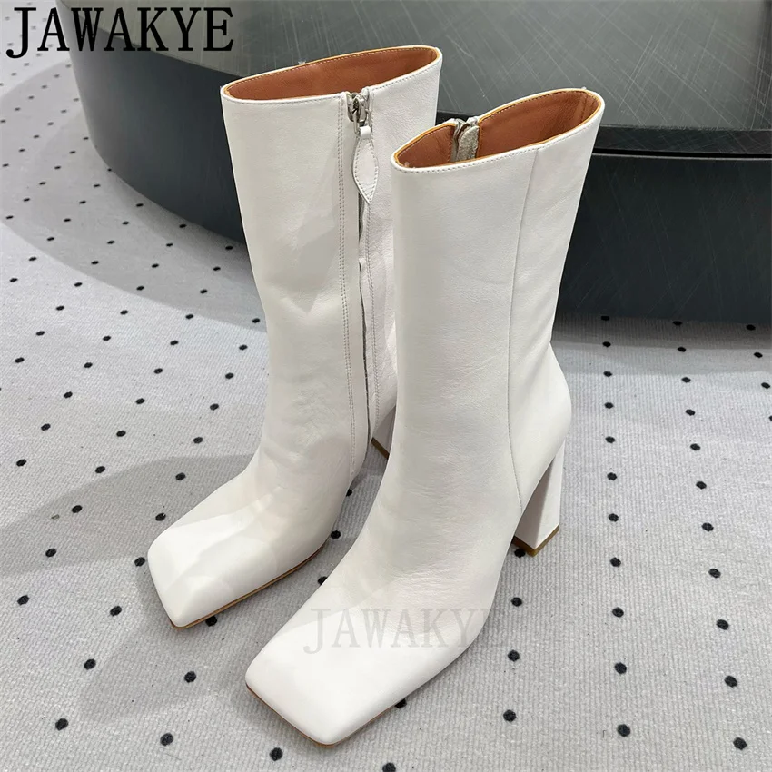 Genuine Leather Mid Calf Boots Woman Square Toe Designs Chunky High Heels Chelsea Boots Black White Simple Fashion Week Boots