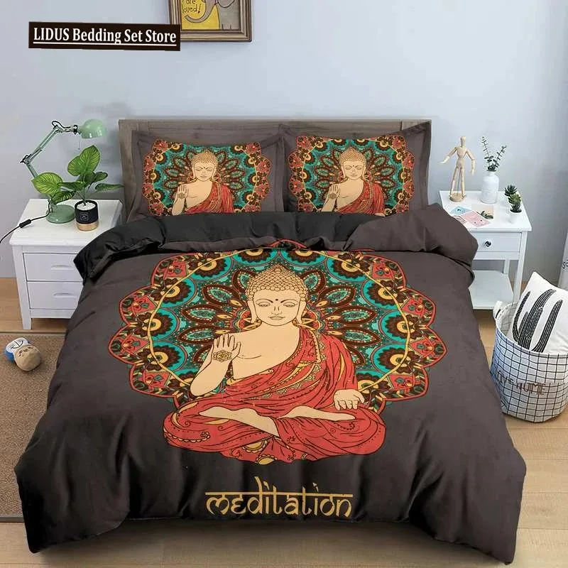 

Buddha Bedding Set Indian Religion Buddhism Meditation Mandala Duvet Cover Smile Buddha Floral Soft Quilt Cover Queen King Size