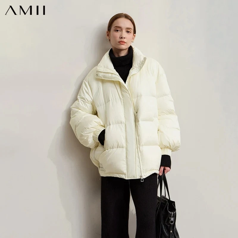 Amii Down Coats 2026 Winter New Warm Turtleneck Shoulder Sleeves Loose Top Solid Versatile Long Down Coats For Woman 12544132