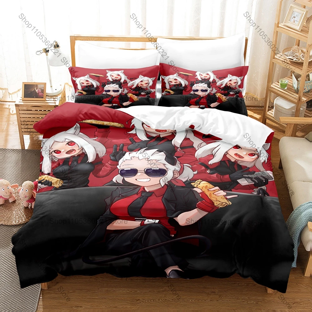 Helltaker Bedding Set Duvet Cover + 2 Pillowcases Indie Puzzle Game Demon Girls Black White Red Minimal Gothic Bedroom Decor