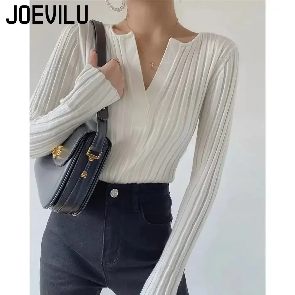 JOEVILU Knitted Sweater V-neck Bottom Top Women\'s Thin Outfit Pullover Korean Fashion Y2k Clothes Babes Goth Black Skinny Jumper