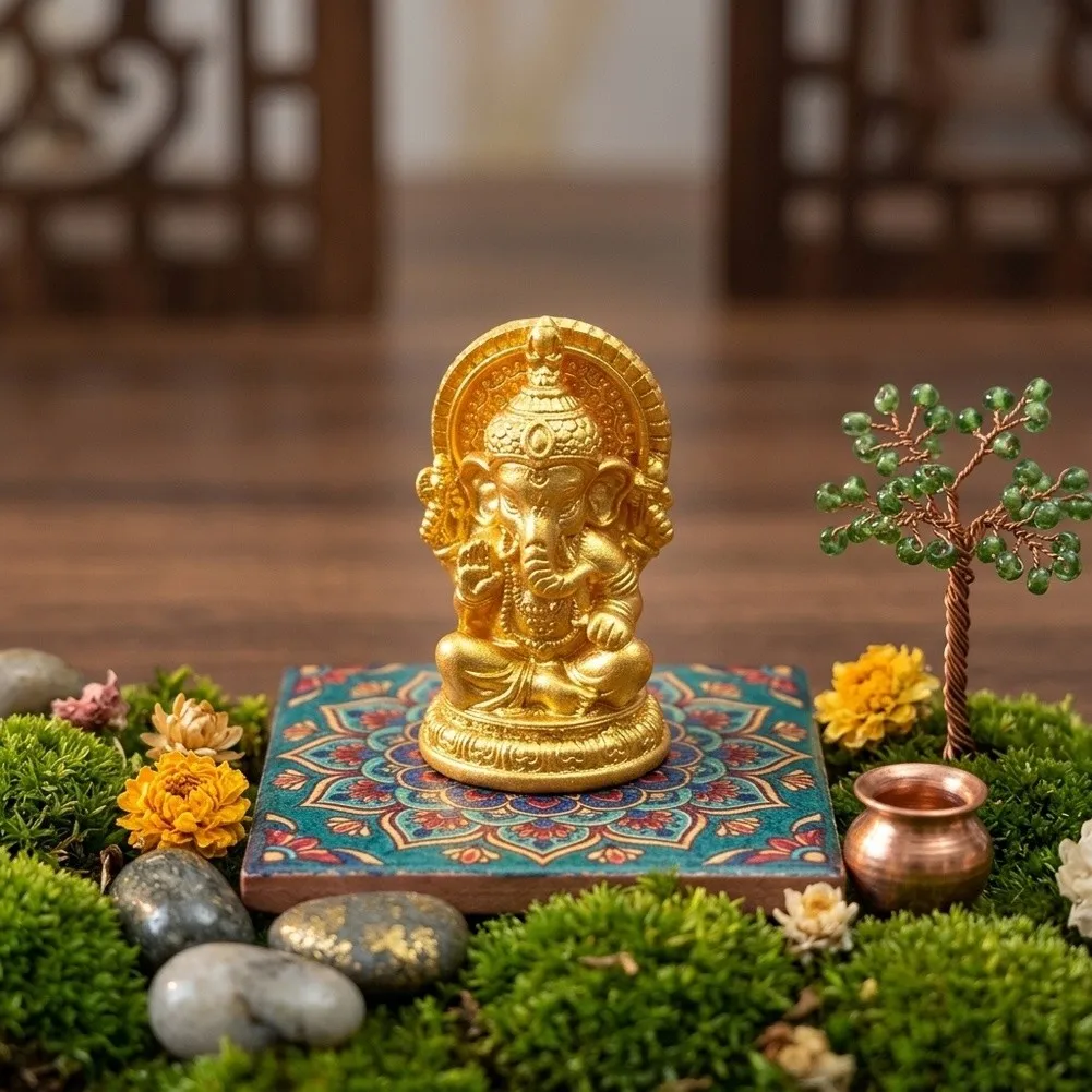 Resin Ganesha Figurines Golden Finish 3 1.8 1.7cm 10 Pack for Desk Styling Landscape Building and Craft Decoration