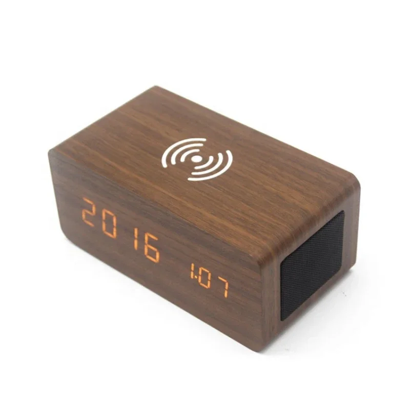 

Voice Control multifunctional Speaker clock Wooden Digital LED Desk Table Alarm Clock with Wireless Charger