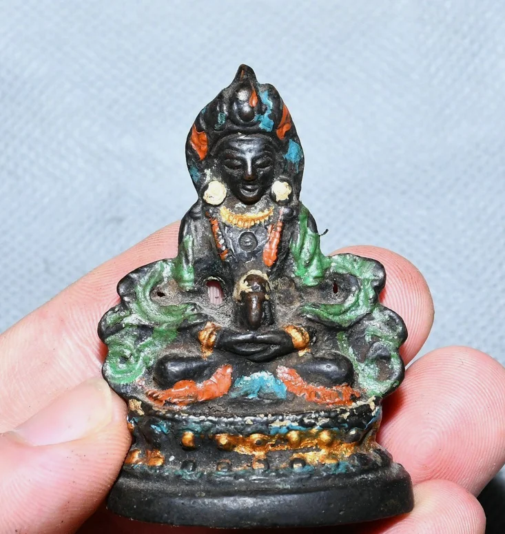 2.3'' Old Tibet Bronze Painting Amitayus Longevity God Goddess Buddha Statue