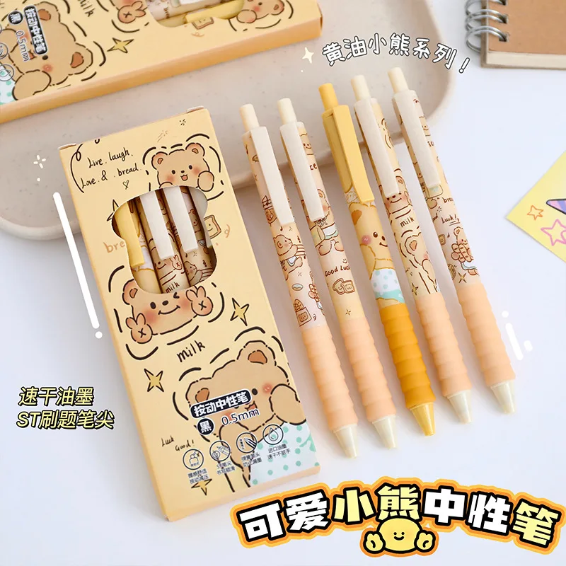 5Pcs Cute Bear Press Pen ST Head Black Fountain Pen Cartoon High Value Quick Drying Neutral Pen Girl Student Brush Question Pen