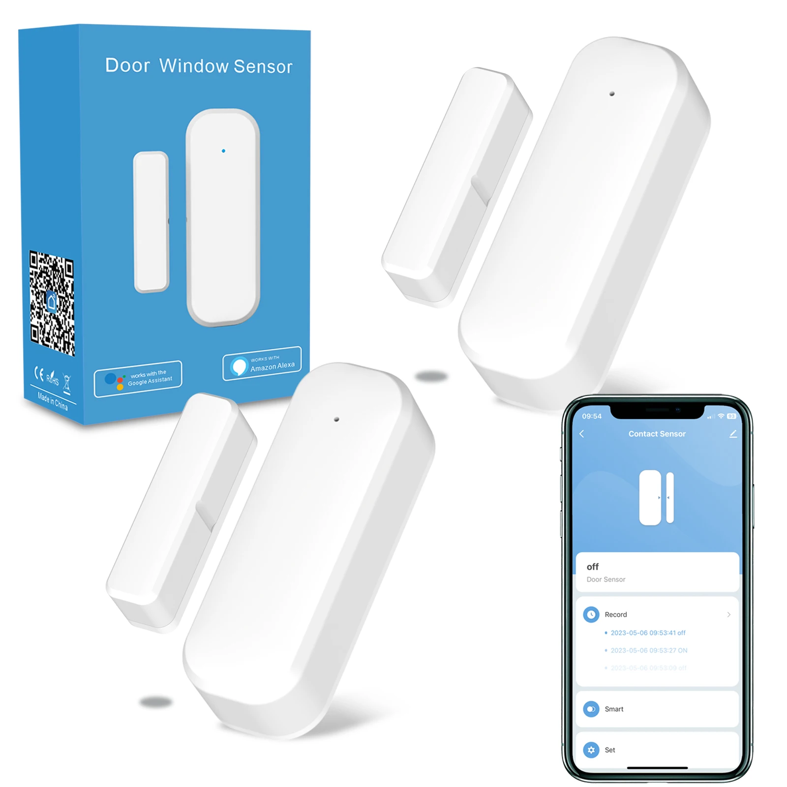 Tuya Tür- und Fenster-Magnetsensor mit Zigbee- und WLAN-Konnektivität, kompatibel mit Alexa und Google Home.