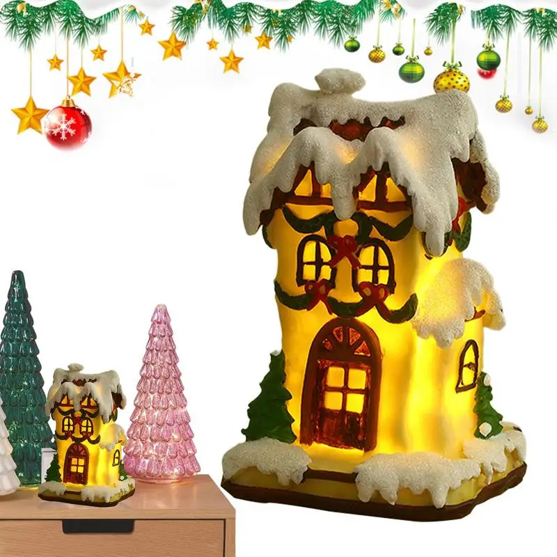 Light Up Christmas House Battery Operated Statue Resin Christmas Glowing House Figurine For Winter Table Decoration