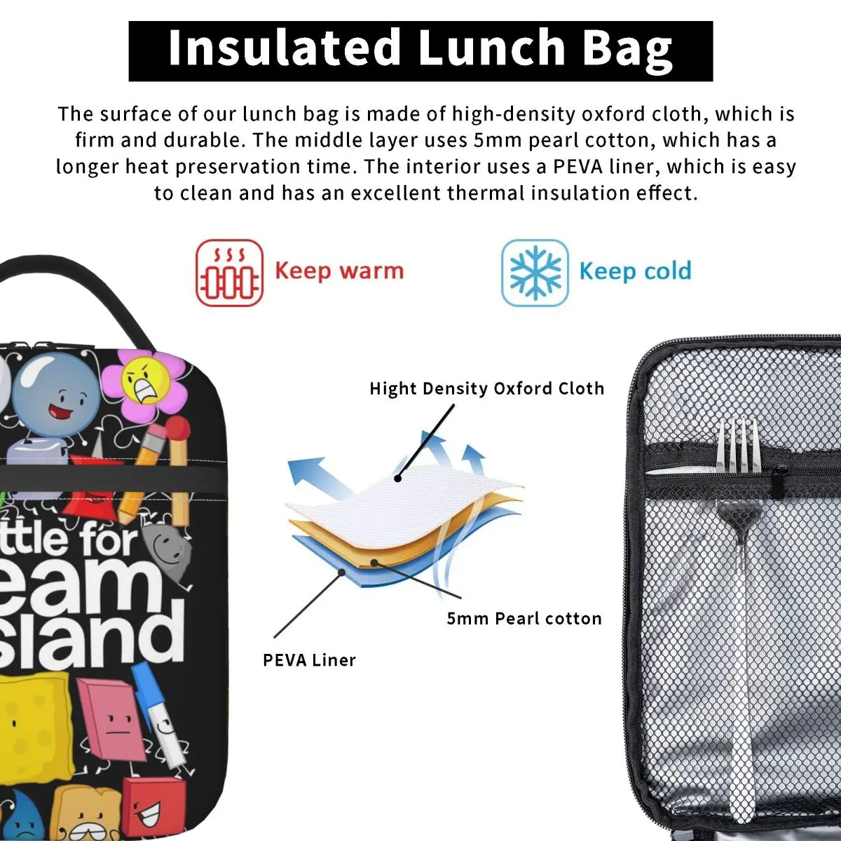 BFDI Poster Black Insulated Lunch Bag for Women Kids Portable Food Boxes Thermal Lunch Box Tote