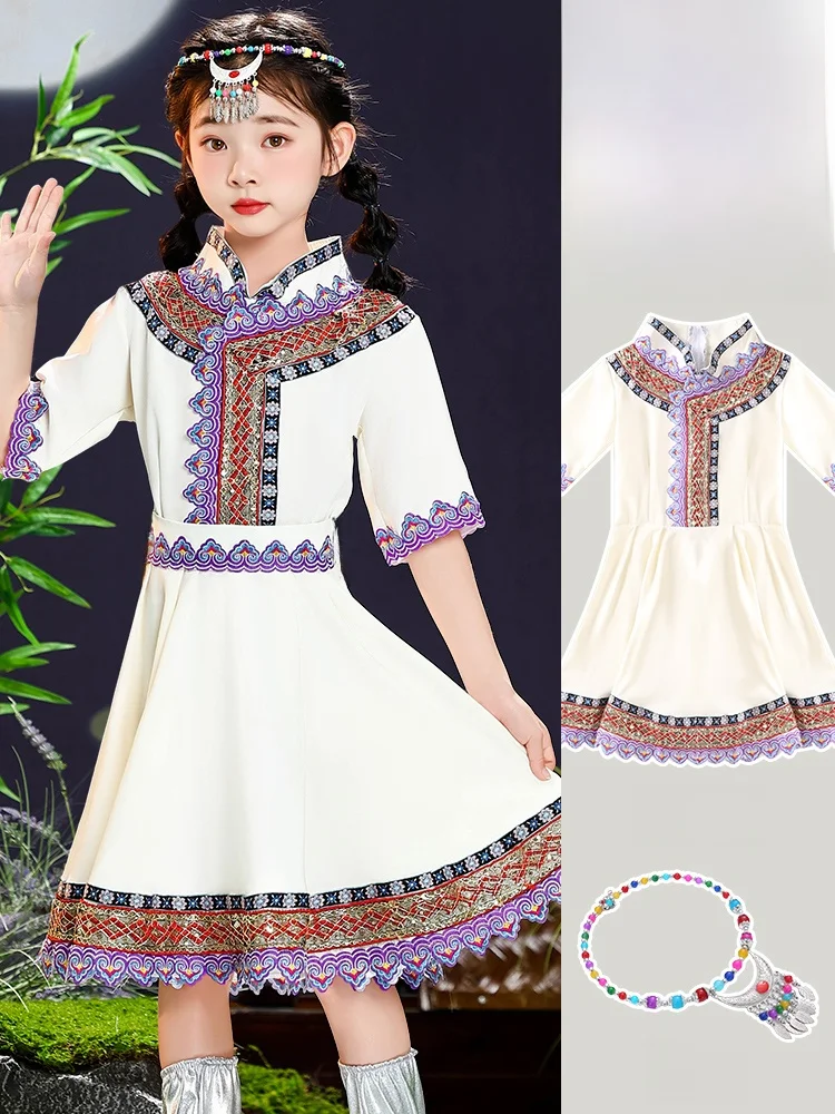 

Детская монгольская танцевальная одежда для выступлений, балетный костюм для девочек, белый этнический халат для малышей, в стиле прерий, с палочками для еды