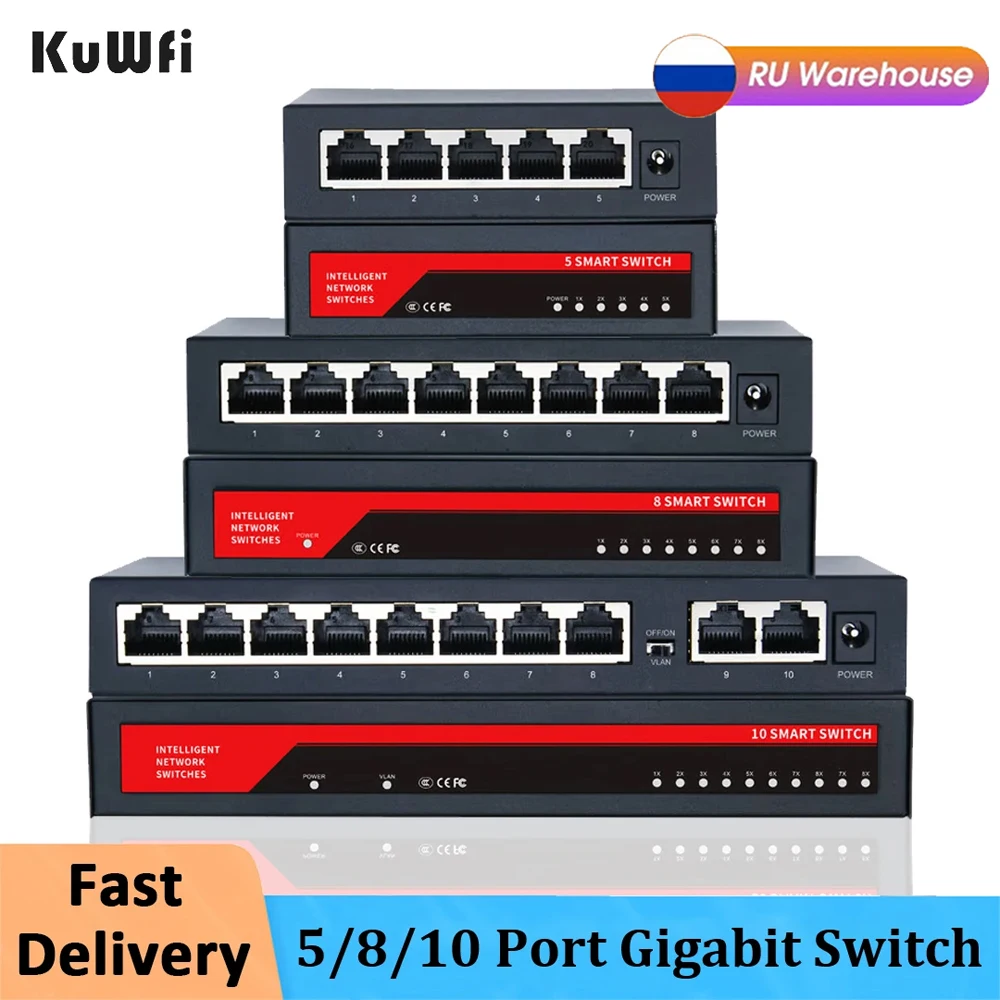 

KuWFi Gigabit Switch 10/100/1000Mbps 5/8/10 Port Ethernet Switch For IP Camera/Wireless Wifi Router Office Dormitories