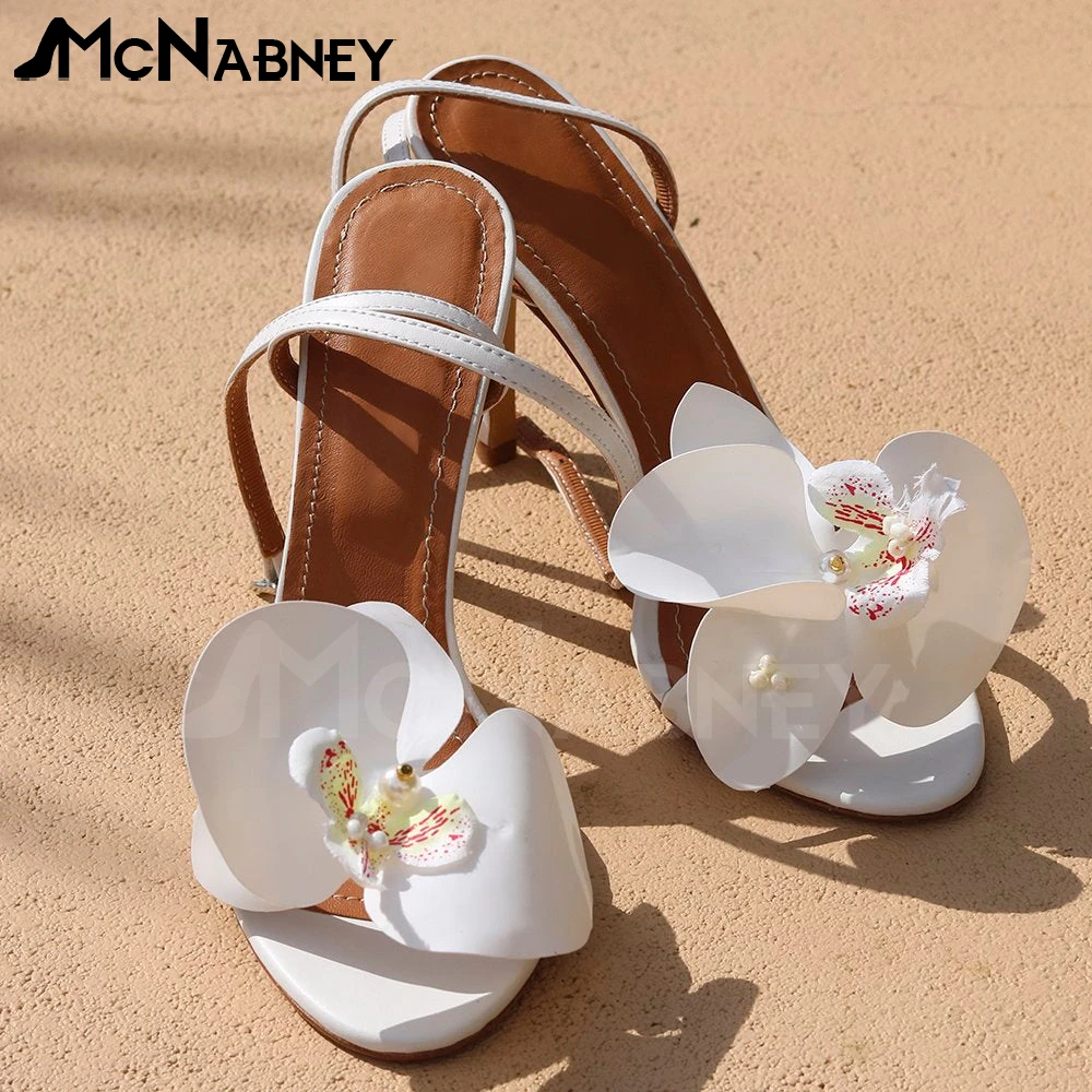 

Elegant White Flower Sandals Fashion Style Stiletto Round Toe Summer Shoes Custom Color Ankle Buckle Handmade Sandals for Women