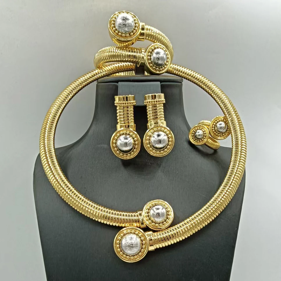Luxury Trendy Three Tone Round Shape Jewelry Set Statement Fancy Wedding Necklace Bracelet Earrings Ring 4PC Jewellery for Party