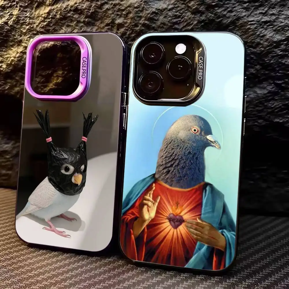 

F-Funny p-Pigeon Phone Case For iPhone17,16,15,14,13,12,11 Plus,Pro Max Colored Silver Plated Inside Cover