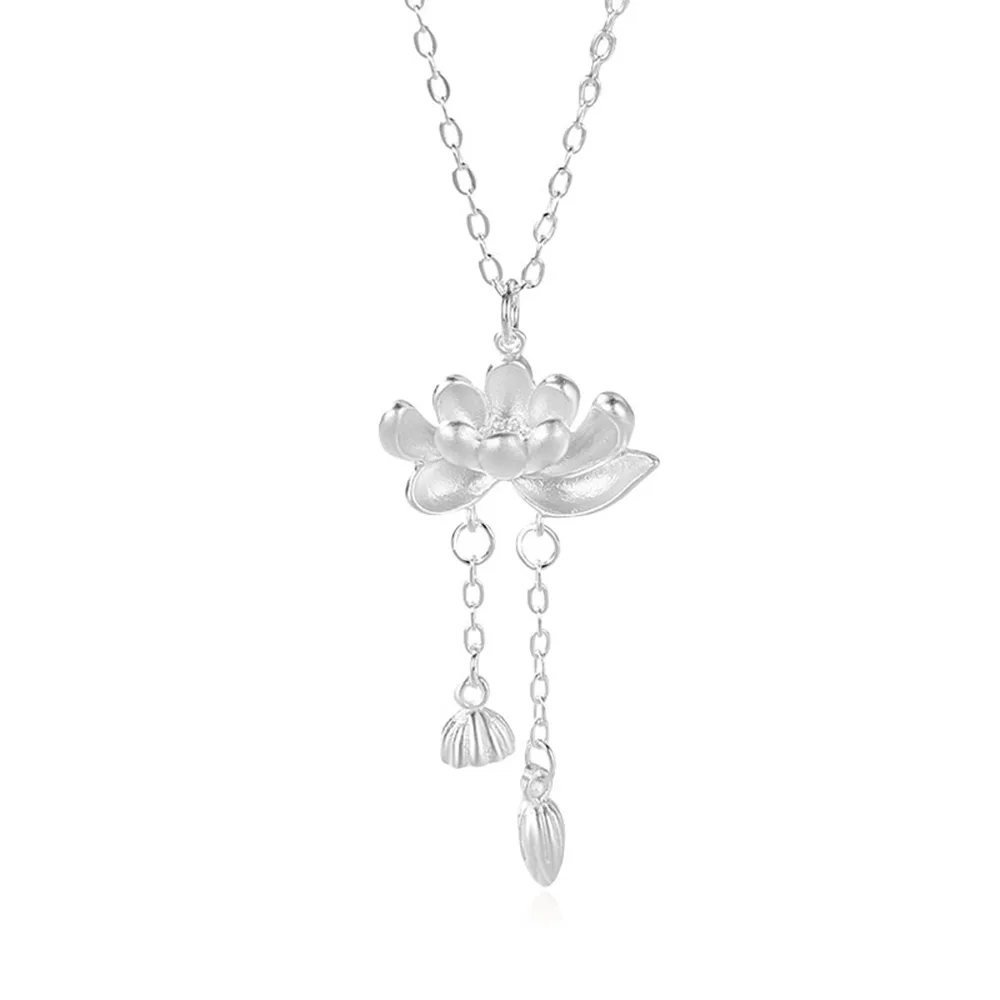 

925 Sterling Silver Necklace Modern Oriental Lotus Long Pendant Ladies Fashion Simple Birthday Wedding Anniversary Jewelry Gift