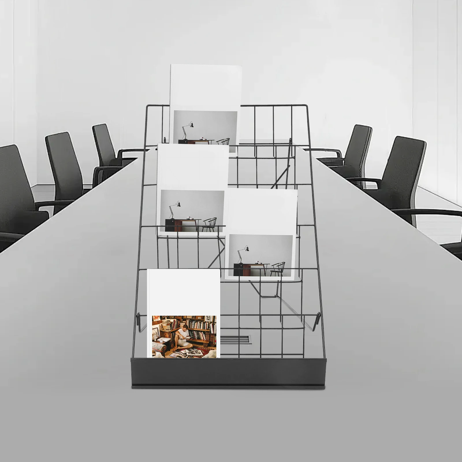 رف عرض كتب على سطح الطاولة باللون الأسود مكون من 6 طبقات لمكتب المعارض وأي منظمة تتطلب عرض المعلومات