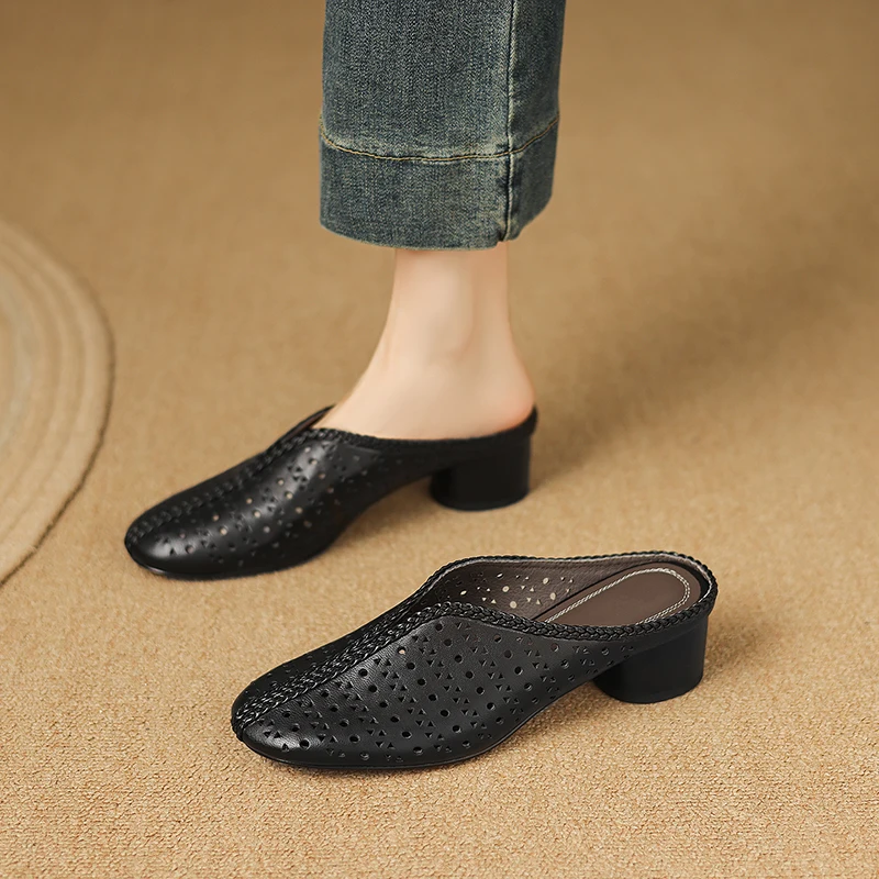 2026 new summer women sandals natural leather plus size 22-25.5cm sheepskin+pigskin round toe mules hollow-out women slippers