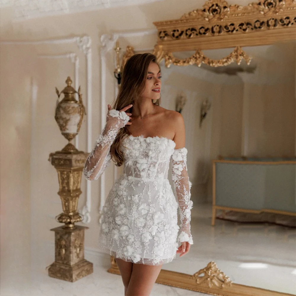 

Short Wedding Dresses for Woman Customized Lace Floral Appliques Long Sleeves Luxury Bridal Gown Mini Prom Party Dress