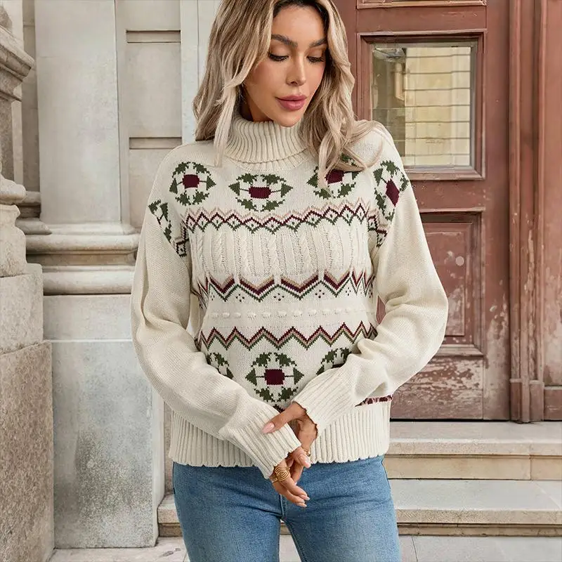 

Women's Vintage Christmas Pattern Turtleneck Cable Knit Sweater Loose Fit Warm Winter Pullover