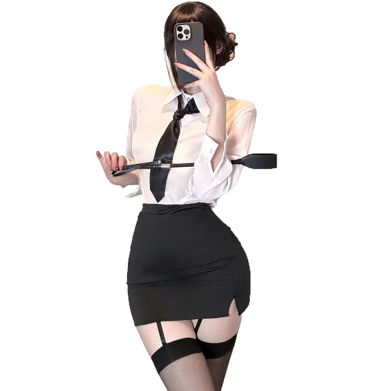 ชุดคอสเพลย์สาวเลขา ชุดบทบาทสมมติครู ชุดชีฟอง เสื้อกระโปรงสั้น ชุดชั้นในเซ็กซี่ ชุดยั่วยวนสำหรับไนต์คลับ