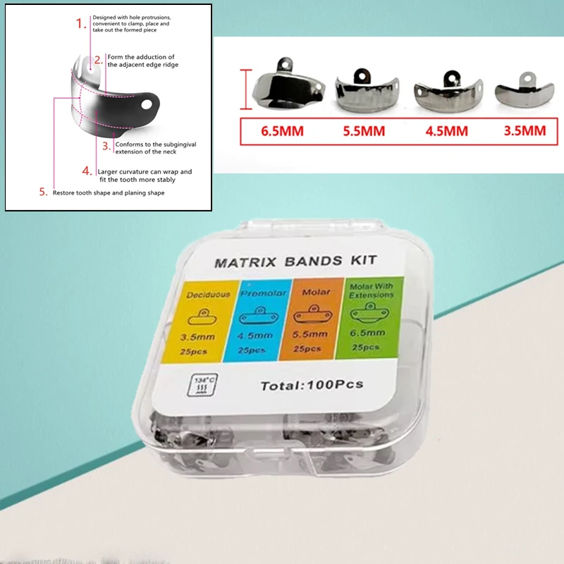 

Dental Clinic Matrix System Kit - 0.03mm Thick Multi-Width SS Bands with Contoured Design for Cavity Restoration