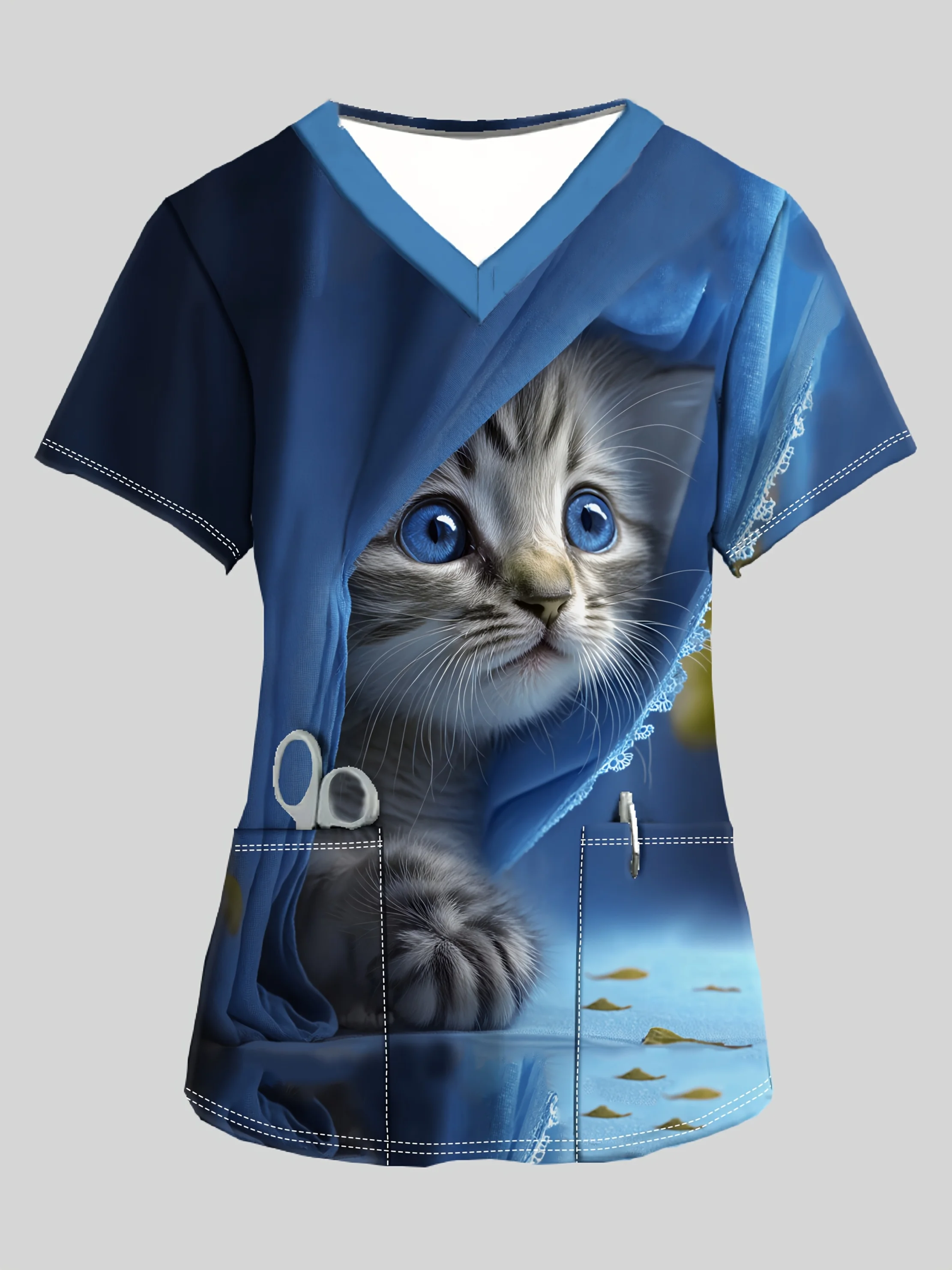 Women's V Neck Cute Cat Printed Surgical Gown Tops Short Sleeve Breathable Polyester Nurse Uniform Nurse Surgical Gown