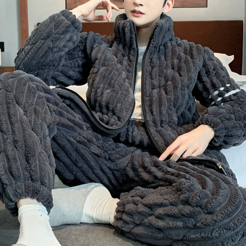 Winte New Thickened 2Pcs Pijamas Suit Sleepwear Three-Layer Cotton-Padded Pajamas for Men Flannel Loose Casual Fleece Home Wear