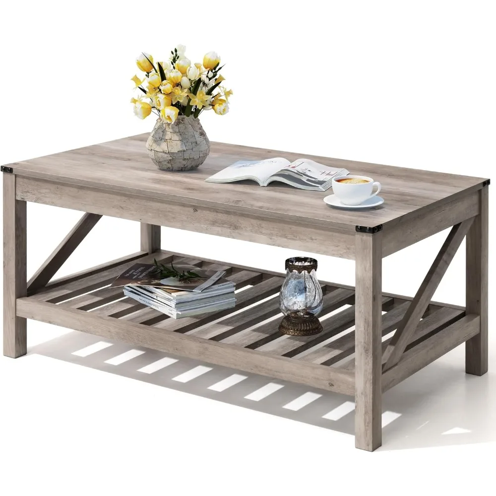 

Farmhouse coffee table with 2-tier shelves, rectangular table with storage, wood coffee table, sturdy frame