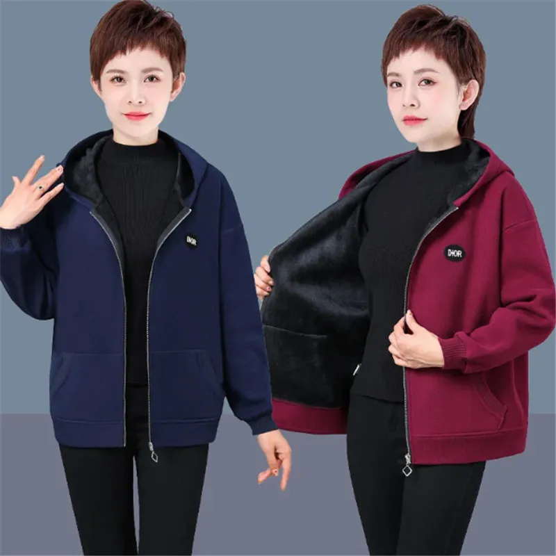 Autumn Winter Casual Hoodie Jacket Women 2023 New Loose Hooded Coat Pure Colour Thicken Outerwear Fashion Pocket Overcoat Female