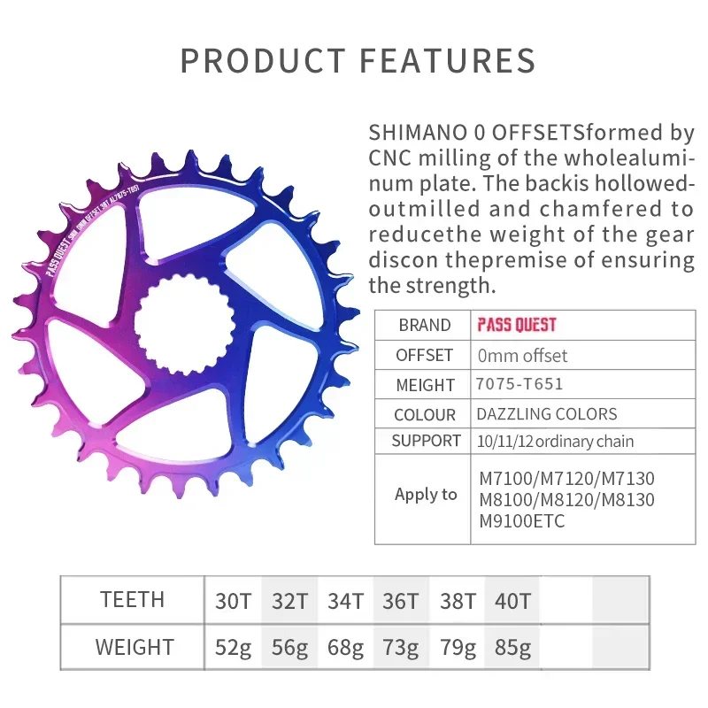 PASS QUEST 12S Direct Mount Bike Chainring 30/32/34/36/38/40/42T  Narrow Wide Bicycle Chainwheel for M7100 M8100 M9100 Crankset