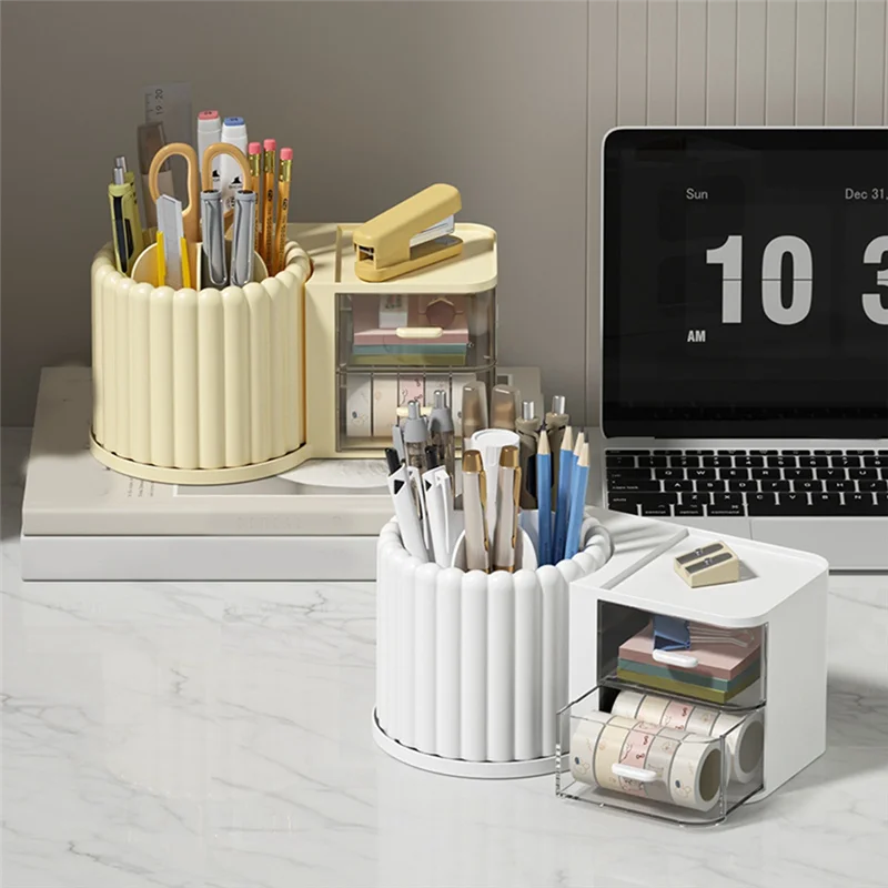 ABBN-Organizador de soporte para brochas de maquillaje con 2 cajones, 360 °   Encimera giratoria del organizador del maquillaje, vitrina de capacidad fácil de usar Pi