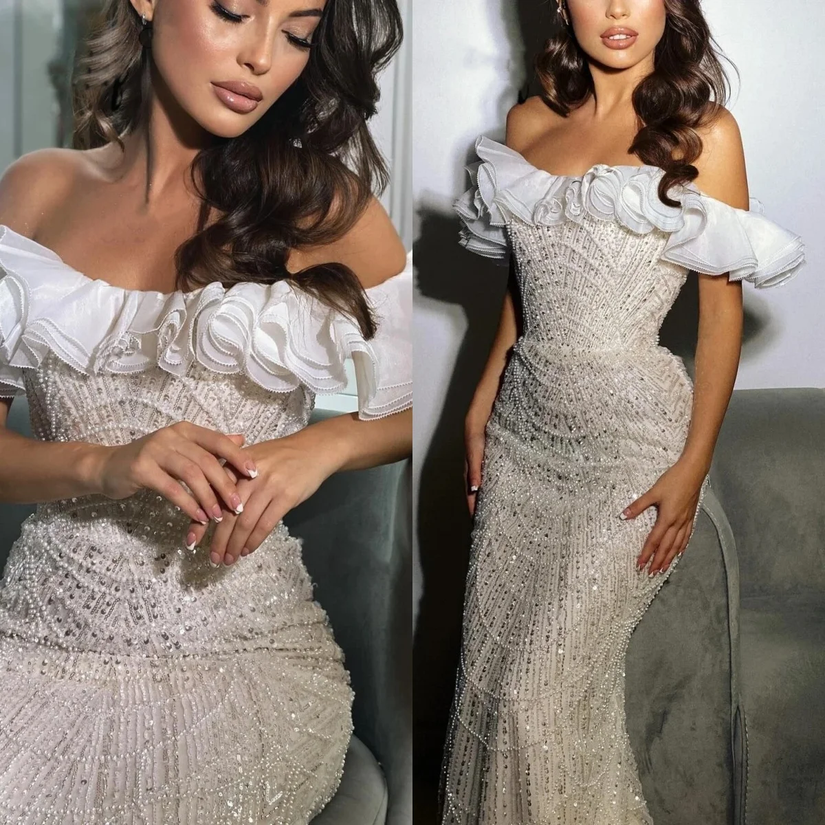 

Sexy Mermaid Wedding Dresses Sequins Pearls Beaded Bride Gown Ruffle Off Shoulder Bridal Dress Custom Made Vestidos De Novia