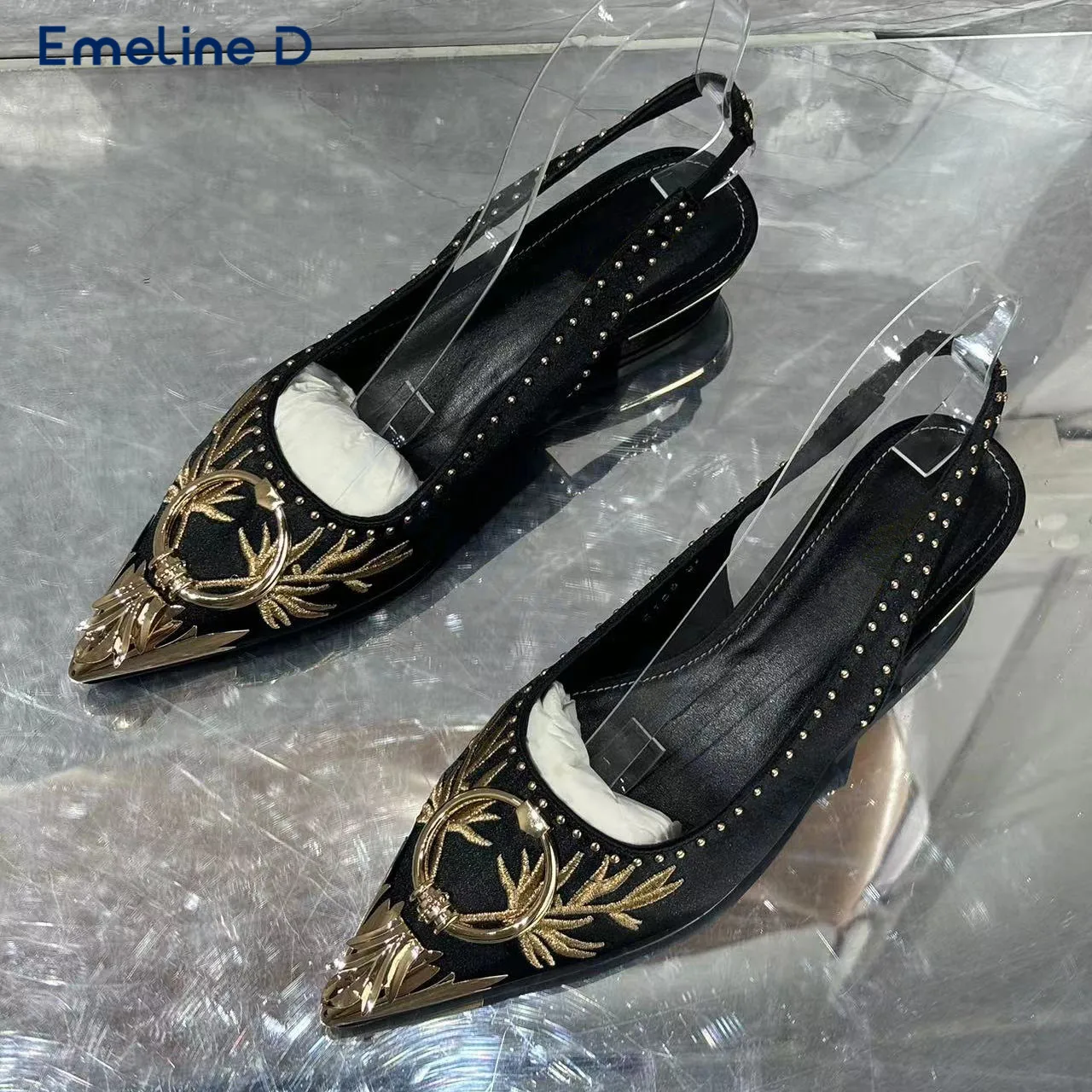 Metal Pointed Ring Back Pumps Rivet Decoration Embroidery Personality Sandals Large Size Fashion Trend Women's Shoes