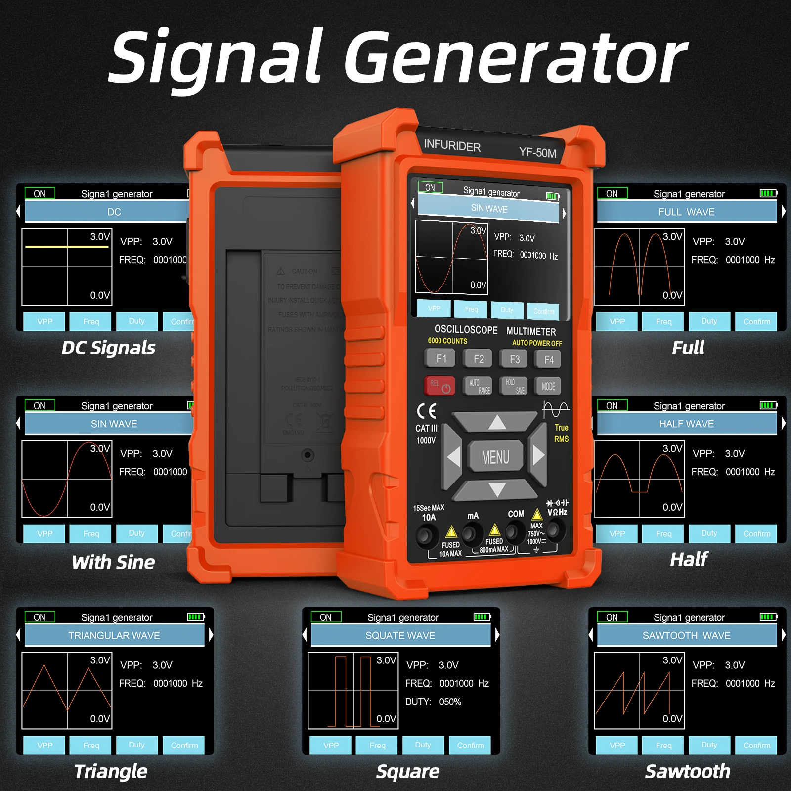 3 in 1 Oscilloscope Multimeter, Handheld Signal Generator, 50MHz Lab Oscilloscopes with 2 Channel, 200M/280MSa/s, Voltage Tester