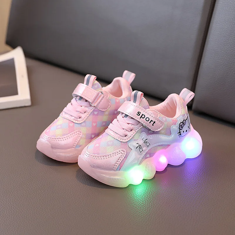 Cute Hello Kitty Casual Shoes for Baby Girl Children Led Light Sneakers Kids Shoes Toddler Walking Shoes Kids Anti-slip Shoes