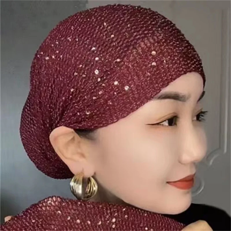 2023 New Breathable Mesh Summer Turban Hat Elastic Women Diamonds Muslim Headscarf Bonnet Lady Hair Loss Head Cover Beanie